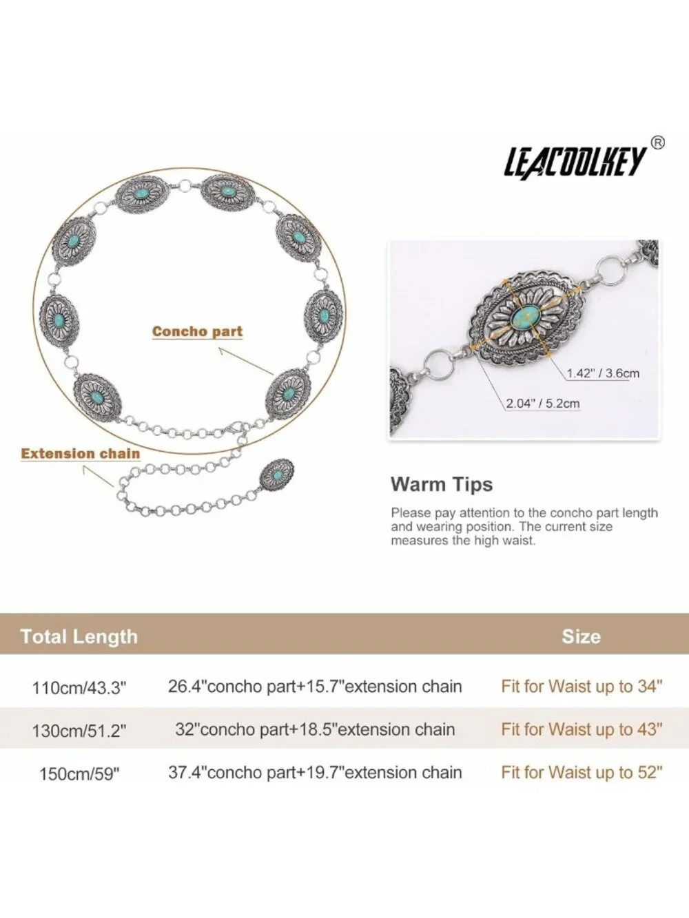 Turquoise Concho Chain Waist Belt - Adjustable Silver Western Cowgirl Style